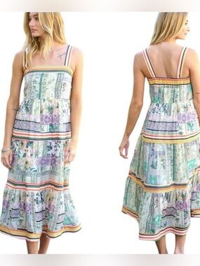 Boho Resort Vacation Floral Patchwork Print Wedding Guest Tiered‎ Midi Sundress